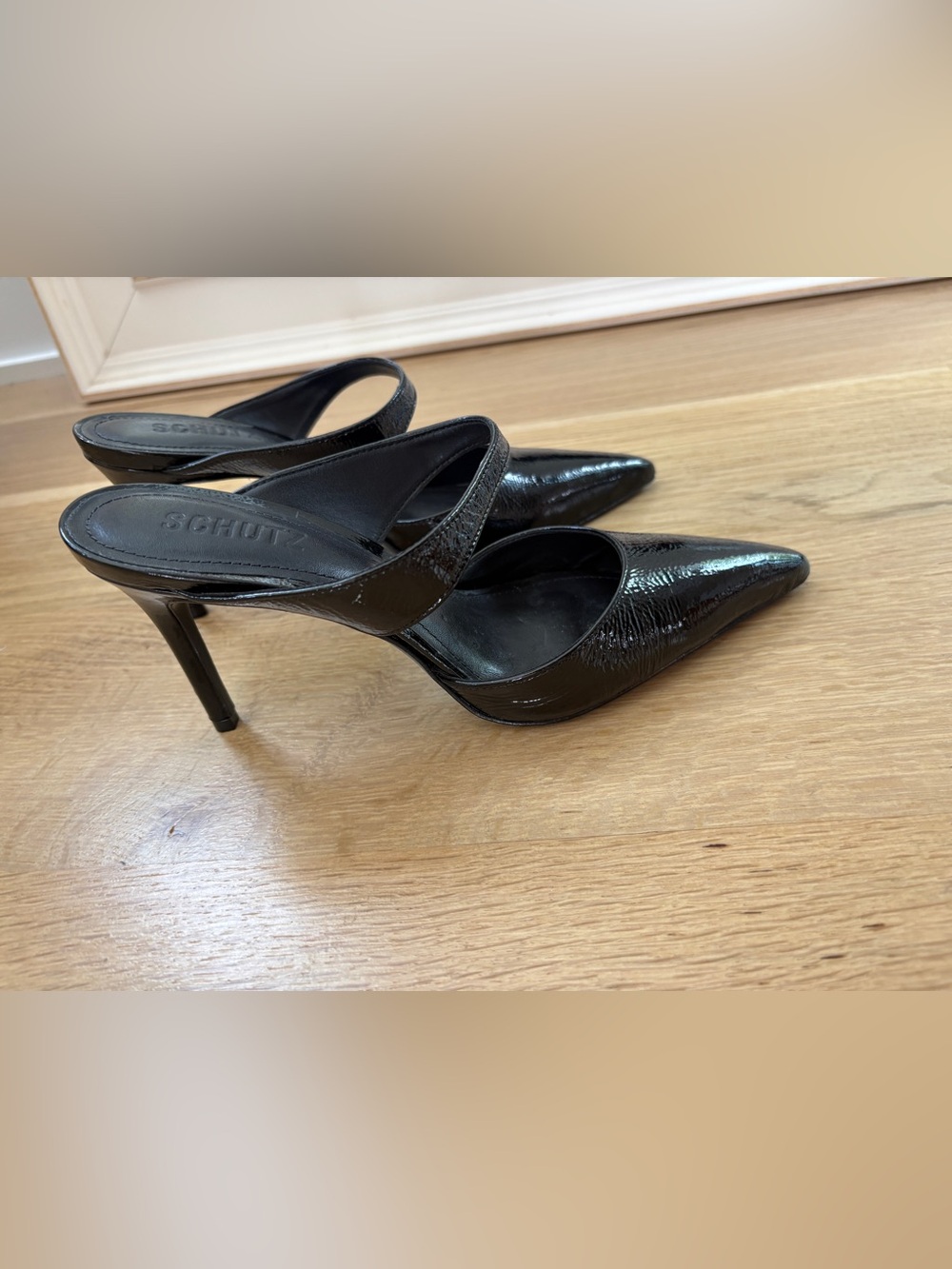 SCHUTZ Black Patent Pointed Toe Slip-On Heels - Picture 2 of 8